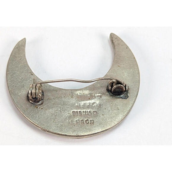 Vintage Mexican Alpaca Silver Tone Abalone Shell Brooch Pin Crescent Moon 1 3/4" - Picture 5 of 7
